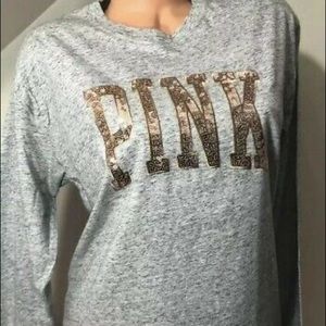 Pink long sleeve tee with rose gold sequins (L)
